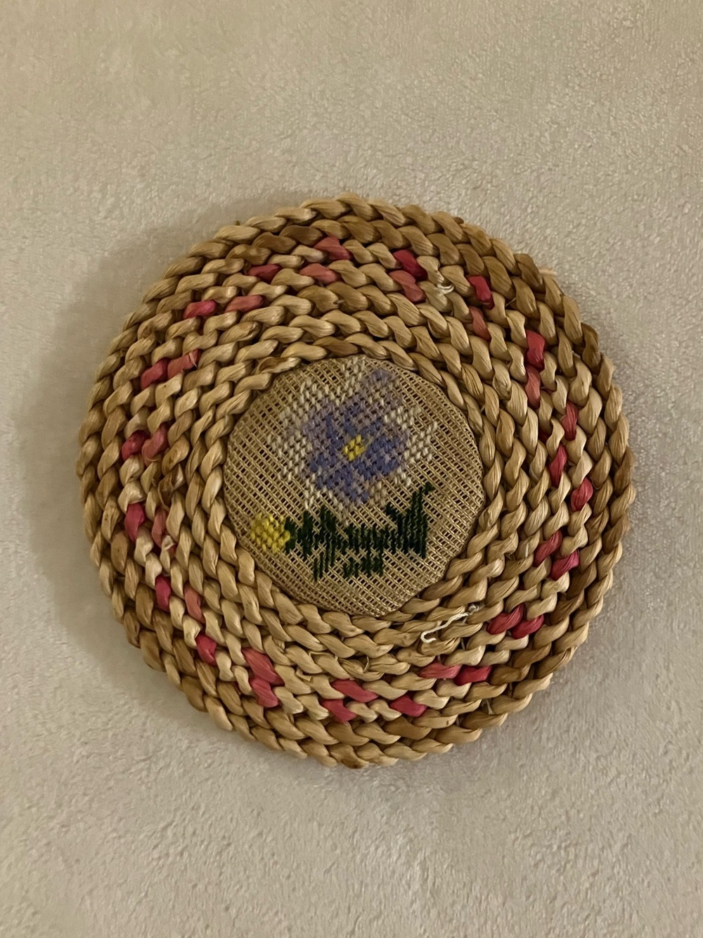 Vintage Cottagecore Woven Trivet with Floral Cross-Stitch